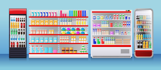 Shop fridges, refrigeration showcase with colorful product packs
