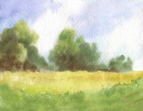 watercolor abstract landscape with sunlight, green grass and trees. hand drawn illustration
