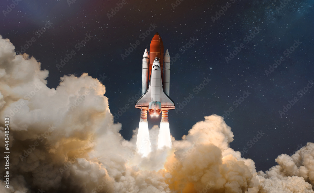 Fototapete Space shuttle launch in the clouds to outer space. Dark space with stars on background. Sky and clouds. Spaceship flight. Elements of this image furnished by NASA