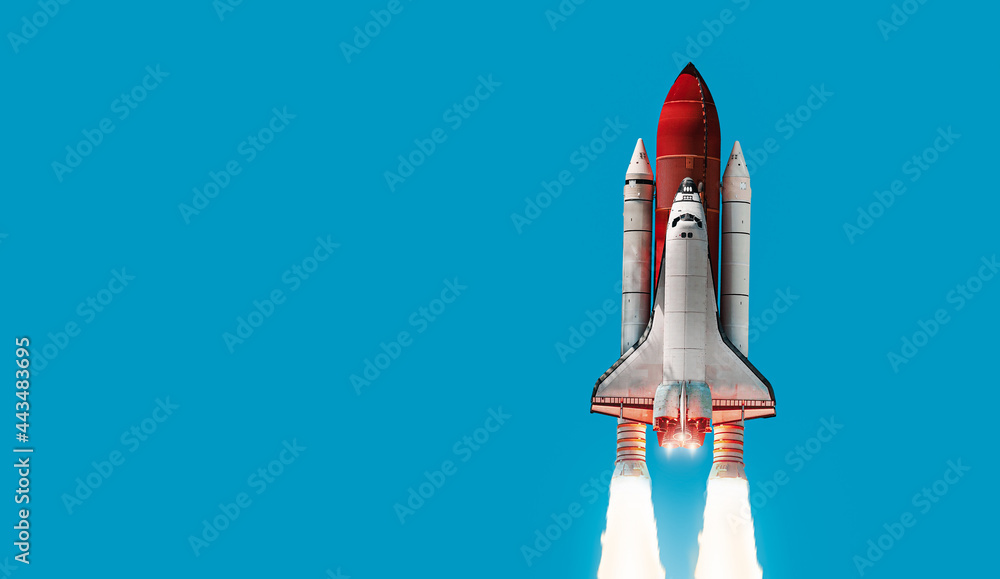 Sticker space shuttle on blue background. rocket in the sky. space ship in space. elements of this image fur