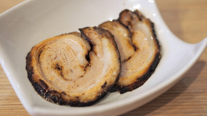 Chashu pork for top up on ramen noodle. Chashu or Shashu is slide pork in Japan recipes. Very famous menu for tourist to enjoy their meal. 