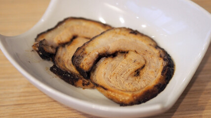 Chashu pork for top up on ramen noodle. Chashu or Shashu is slide pork in Japan recipes. Very famous menu for tourist to enjoy their meal. 
