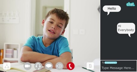 Animation of video call interface with girl smiling in online school lesson, and chat room messages