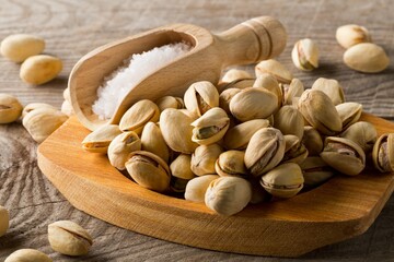Heap of salted, roasted green pistachio nuts snack in wooden bowl on wood background with sea salt in wooden scoop, healthy food snack