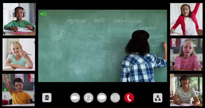 Composite video call interface with diverse female teacher and six children in online lesson