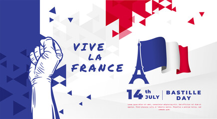 Fototapeta premium Banner illustration of Bastille Day celebration. Flag and Eifel tower icon. Viva la France means Long live France. Vector illustration.