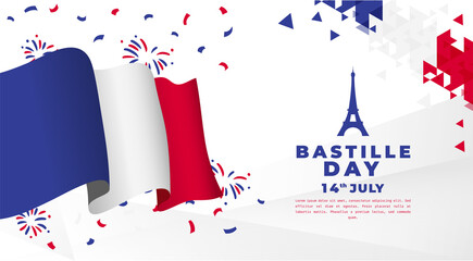 Banner illustration of Bastille Day celebration with Eifel Tower, Waving flag and hands clenched icon. Vector illustration.