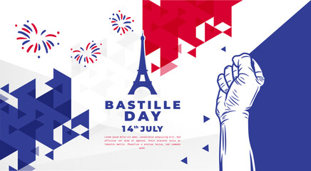Banner illustration of Bastille Day celebration with Eifel Tower, Waving flag and hands clenched icon. Vector illustration. - obrazy, fototapety, plakaty