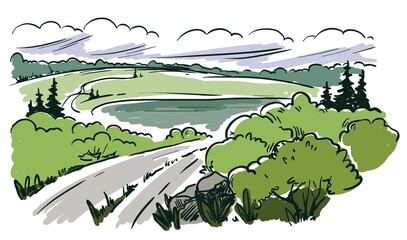 country road stretching over the horizon among hills and forests. color vector illustration