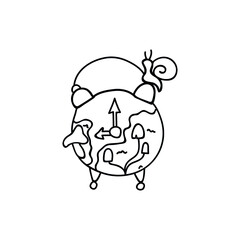 Hand drawn old alarm clock overgrown with moss and mushrooms. Doodle vector illustration. Isolated on a white background. Goblincore style