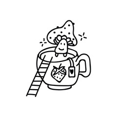 Hand drawn mushroom bathed in a cup of tea. Doodle vector illustration. Isolated on a white background. Goblincore style