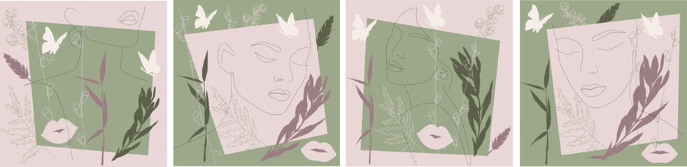 A set of four postcards with a woman  face, a silhouette, floral elements, a pattern in one line. Vector postcards in a minimalistic style. A continuous line. Modern design concept.
