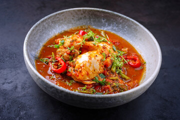 Modern style traditional Spanish seafood zarzuela de pescado with fish served in red sauce as...