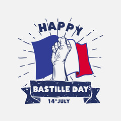 Banner illustration of Bastille Day celebration with Eifel Tower, Waving flag and hands clenched icon. Vector illustration.