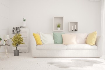 White living room with sofa. Scandinavian interior design. 3D illustration