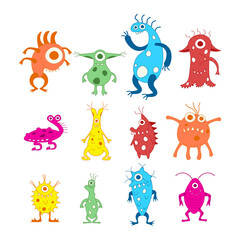 Naklejka premium Monsters funny alien doodles multicolored on a white background. Vector illustration.