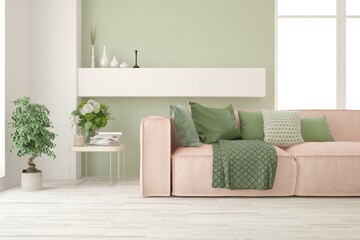 White living room with sofa. Scandinavian interior design. 3D illustration