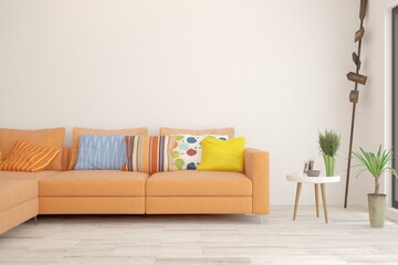 White living room with orange sofa. Scandinavian interior design. 3D illustration