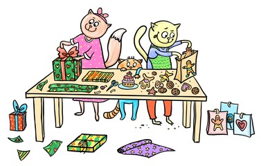 Cartoon illustration of cats family at home wrapping Christmas gift boxes and gingerbread cookies into present paper and bags. Little kitty trying to reach a cake on the table. Holiday preparations.