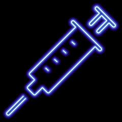 Blue neon stylized syringe contour on a black background