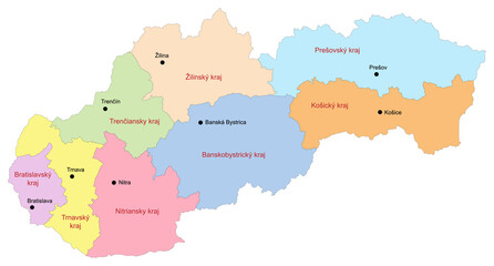 Carte de Slovaquie avec représentation des régions et principales villes - Libellés des régions et des villes en slovaque - Textes vectorisés et non vectorisés sur calques séparés