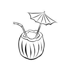 Coconut cocktail hand draw vector illustration on white