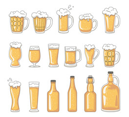 Set with different glass mugs of beer and beer bottles.