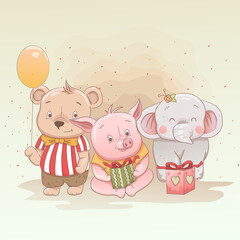 Naklejka premium cute baby bear, piglet and elephant celebrate christmas and get gifts