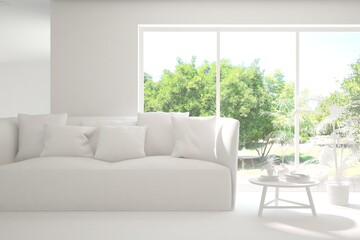 White minimalist living room with sofa. Scandinavian interior design. 3D illustration