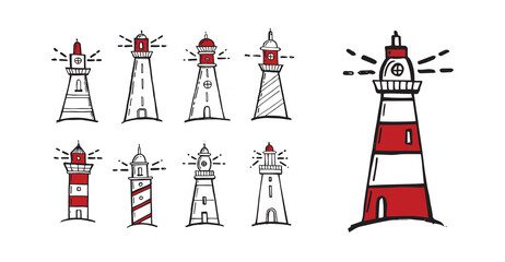 Lighthouse, hand drawn style, vector illustration.	