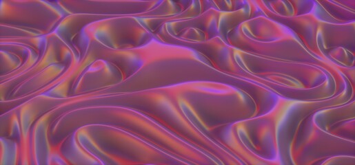 3D illustration of holographic surface made of polished chrome metal. Iridescent abstract background.