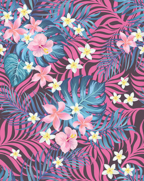Tropical vector pattern. Exotic style. Seamless botanical print for textile, fabric on dark background, wallpaper.