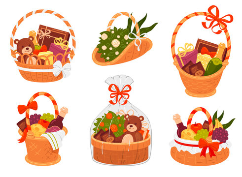 Collection of basket gift vector flat illustration straw buckets packages decorated with ribbon