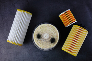 Car accessories. Spare parts for cars on a steel background close-up. Car filters. top view. place to copy