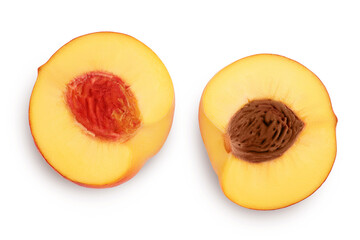 ripe peach half isolated on white background with clipping path. Top view. Flat lay