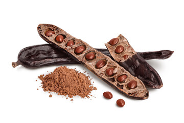 Carob pod and powder isolated on white background with clipping path and full depth of field.