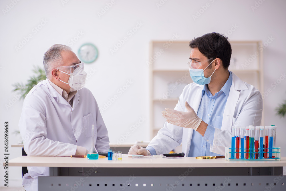 Wall mural two male chemists working at the lab during pandemic