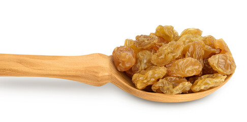 Yellow raisins in wooden spoon isolated on white background with clipping path and full depth of field
