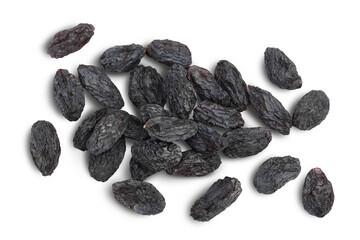 Black raisin isolated on white background with clipping path. Top view. Flat lay