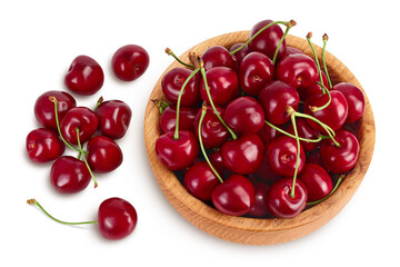 red sweet cherry in wooden bowl isolated on white background with clipping path and full depth of field, Top view. Flat lay