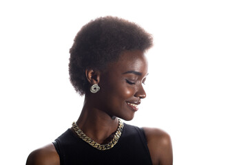 Close up portrait of smiling black african american woman with afro hairstyle on white studio...