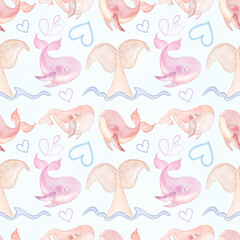 Whales are randomly placed on a blue background in different poses.