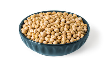 Dry chickpea beans in a blue ceramic bowl isolated on white background. Raw ingredient of vegetarian food and hummus and source of vegetable protein, carbohydrates, fats and dietary fibers.