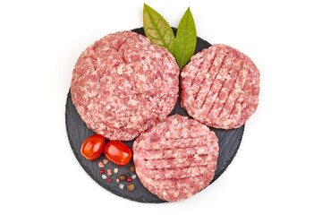 Fresh burger cutlets, isolated on white background. High resolution image.