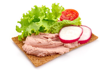 Sandwich with homemade chicken liver pate, isolated on white background.