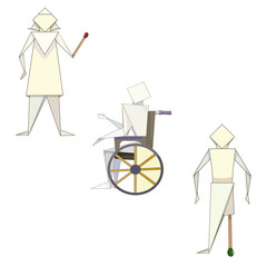 Fototapeta na wymiar Disabled origami people using match instead of leg and arm and wheel chair on white isolated background, vector paper origami in Cartoon style, concept of Medicine and Disability, People and Society.