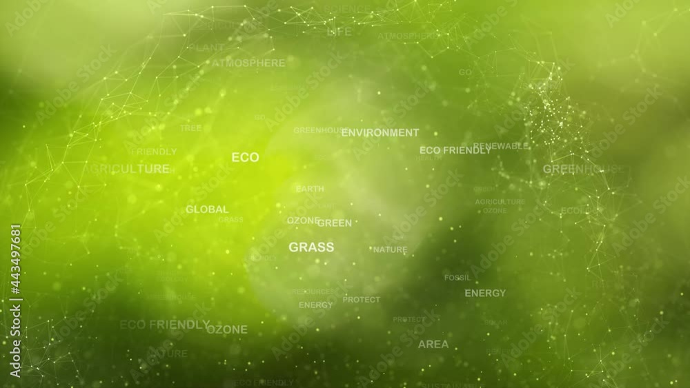Aufkleber artistic green eco word cloud animation on blurry bokeh copy space background with animated lines an