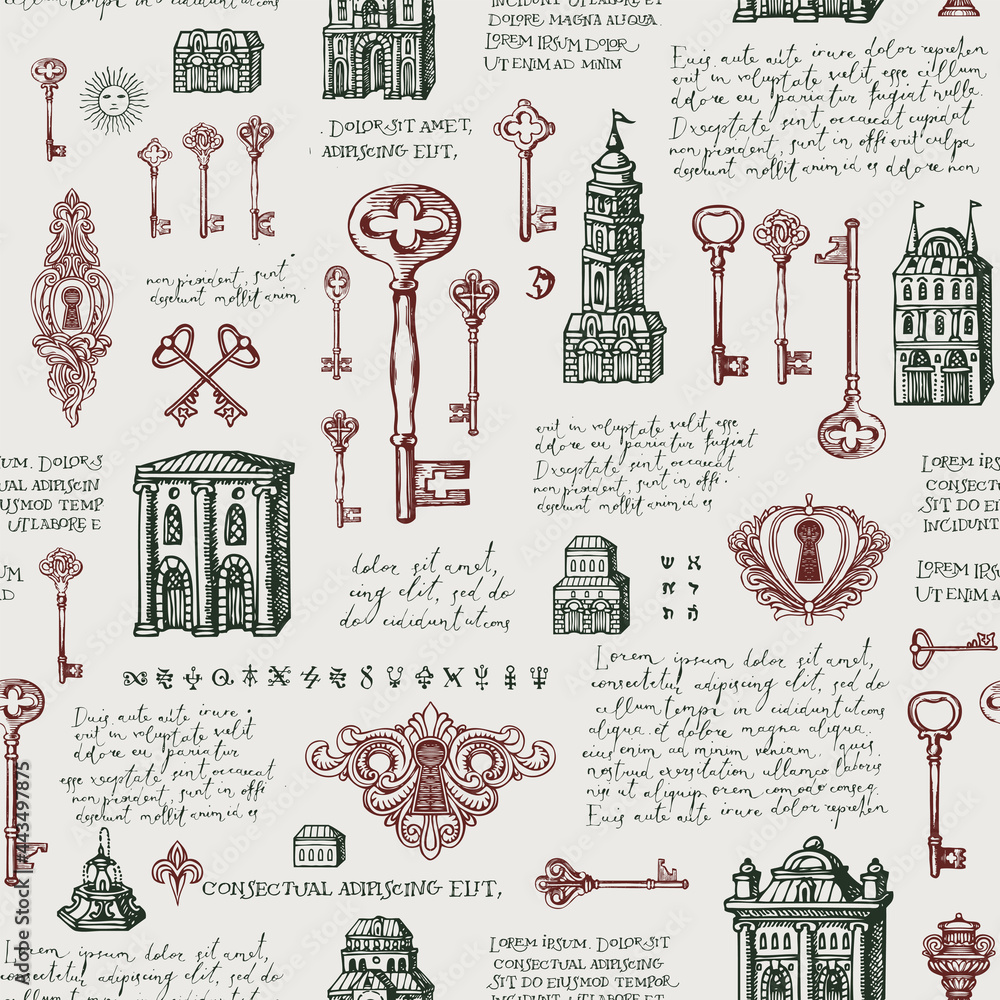 Poster hand-drawn seamless pattern with old buildings, vintage keys and keyholes. vector background in retr