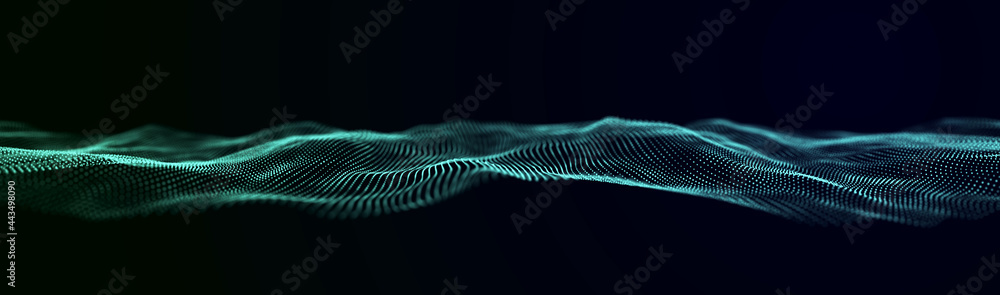 Fototapete Abstract technology stream background. Digital dynamic wave of dots. Network connection structure. 3D rendering.