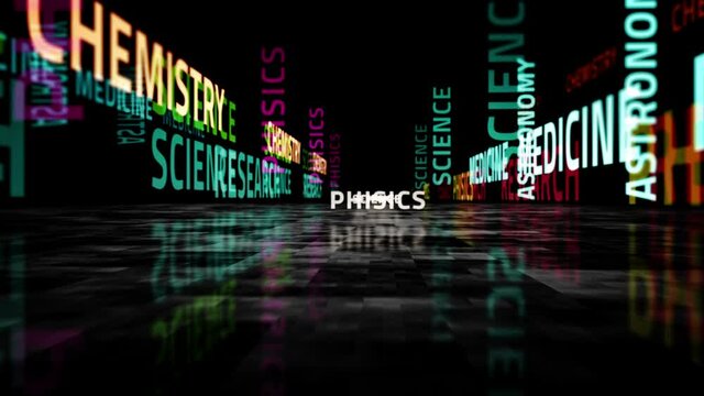 Science text seamless loopable 3d abstract animation. Loop concept of research and phisics.